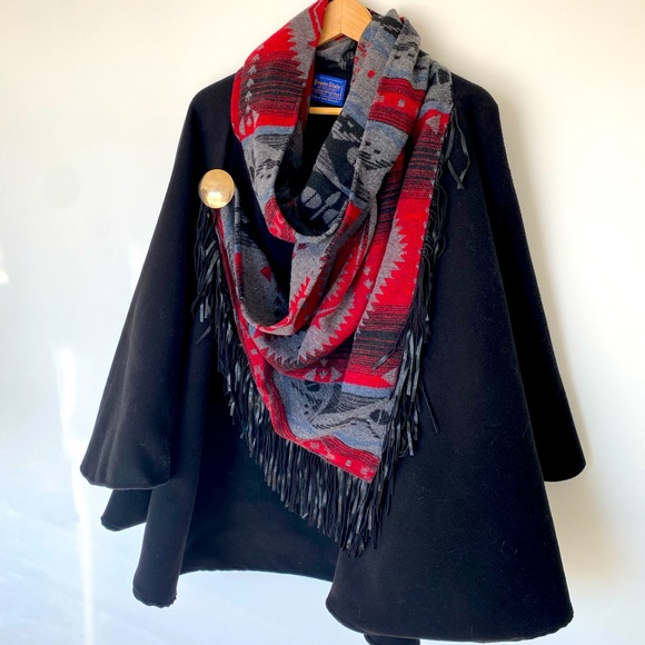 Pendleton Jackets & Blazers - Pendleton Black Cape with Red and Gray Southwestern Shawl